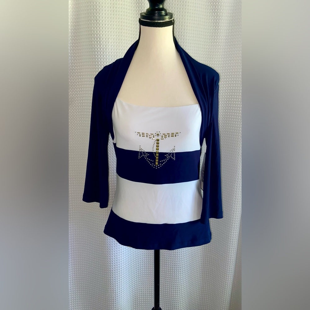 Joseph Ribkoff NWT Nautical Rhinestone Anchor Top Size 8